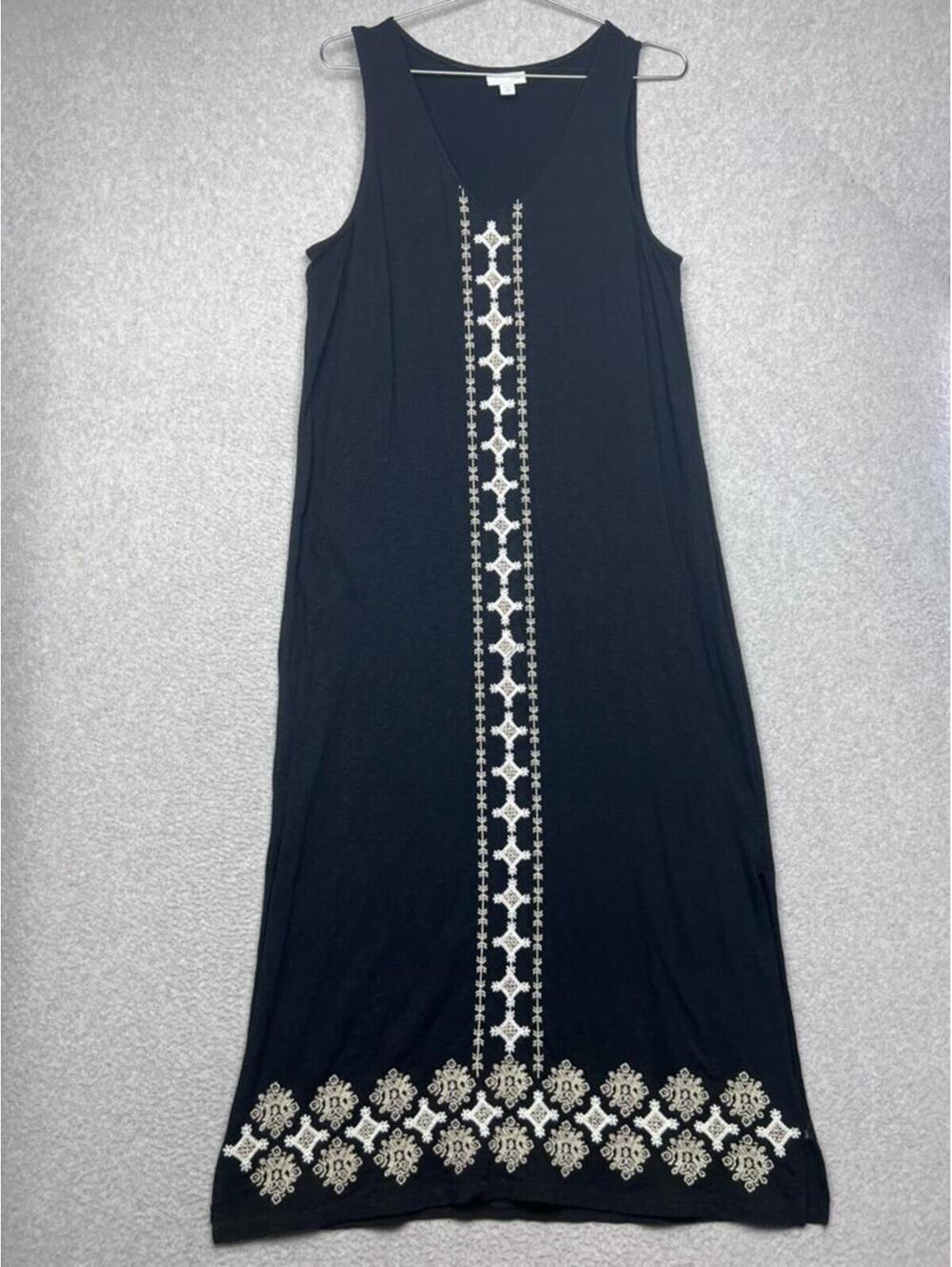 J Jill Dress MP Black Boho Geometric Embroidered Sleeveless Knit Tank Maxi Slit